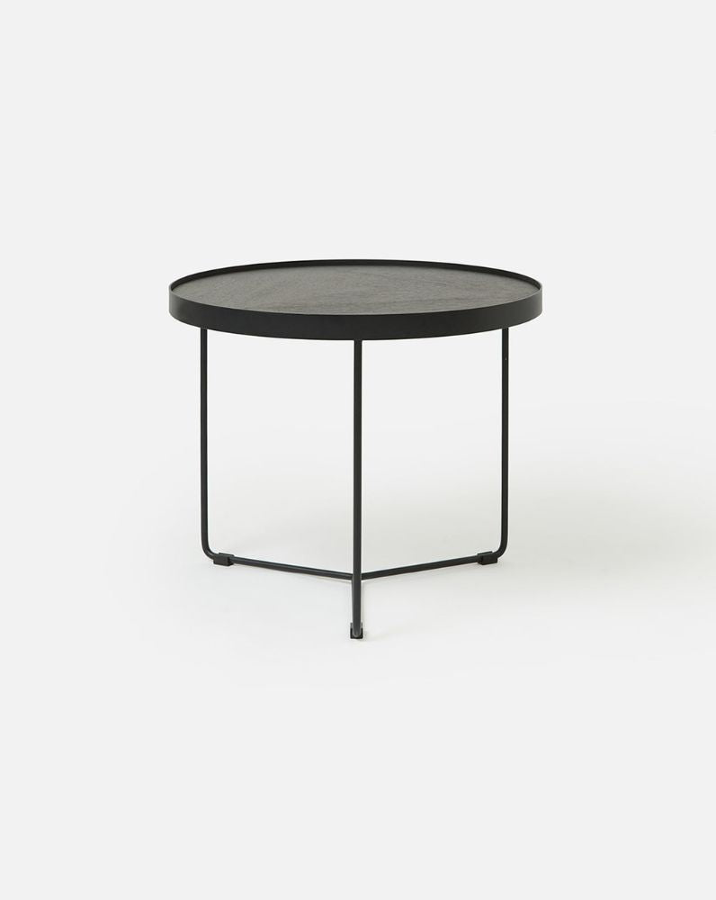 Close-up of the deep-etched timber top on the Sia High Side Table in Black, showing textured grain and quality finish