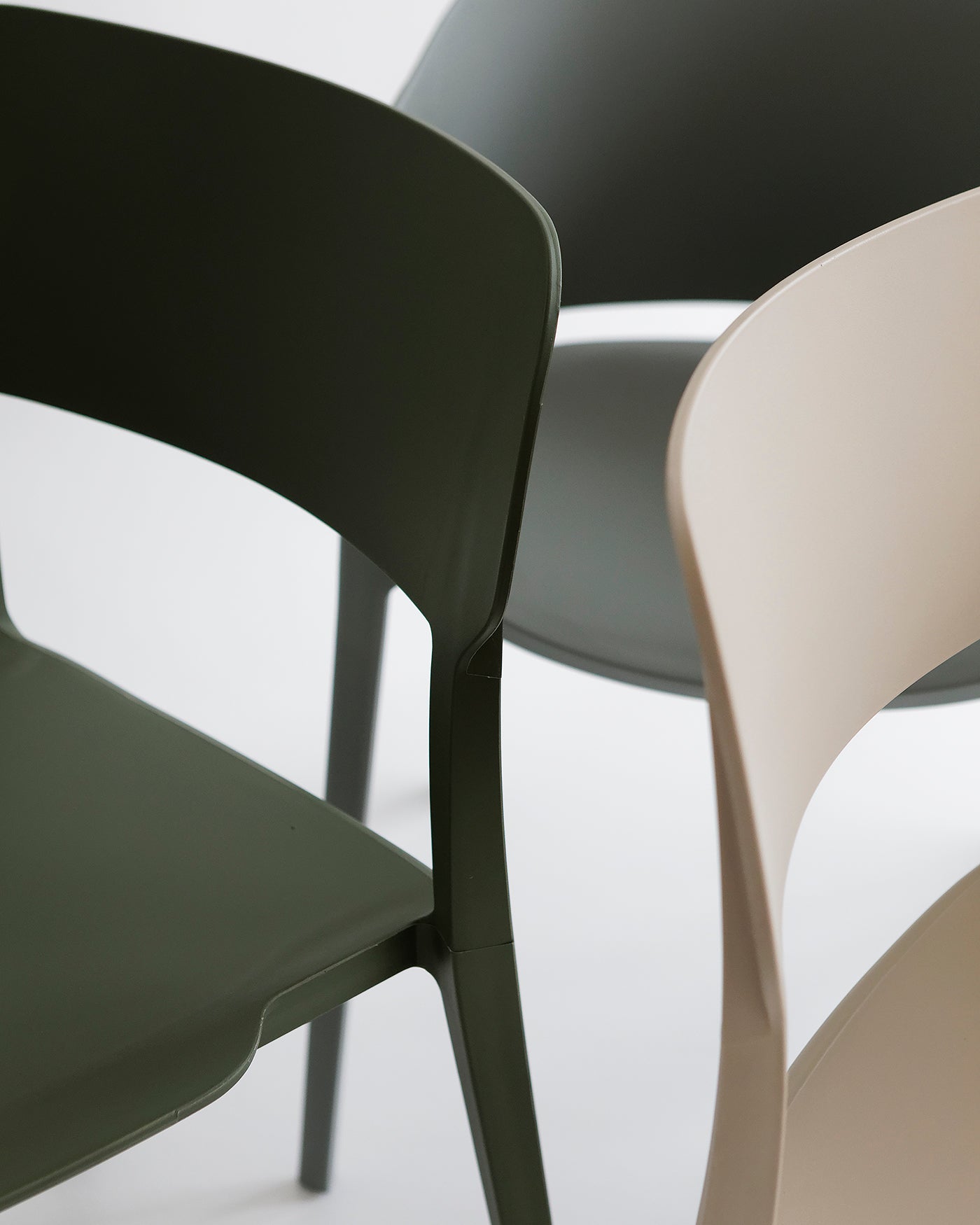 Alex Chair in Olive, Beige and Sage – stylish plastic dining chair for indoor or outdoor use. Lightweight, durable, and affordable