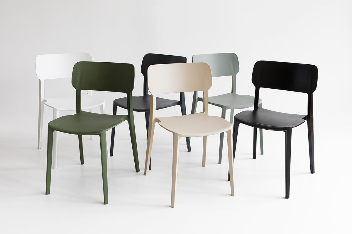 Group of Alex Chairs in all colours – modern plastic dining chairs suitable for indoor and outdoor use. Lightweight, stackable, and available in Sage, Olive, Charcoal, White, Black, and Beige.