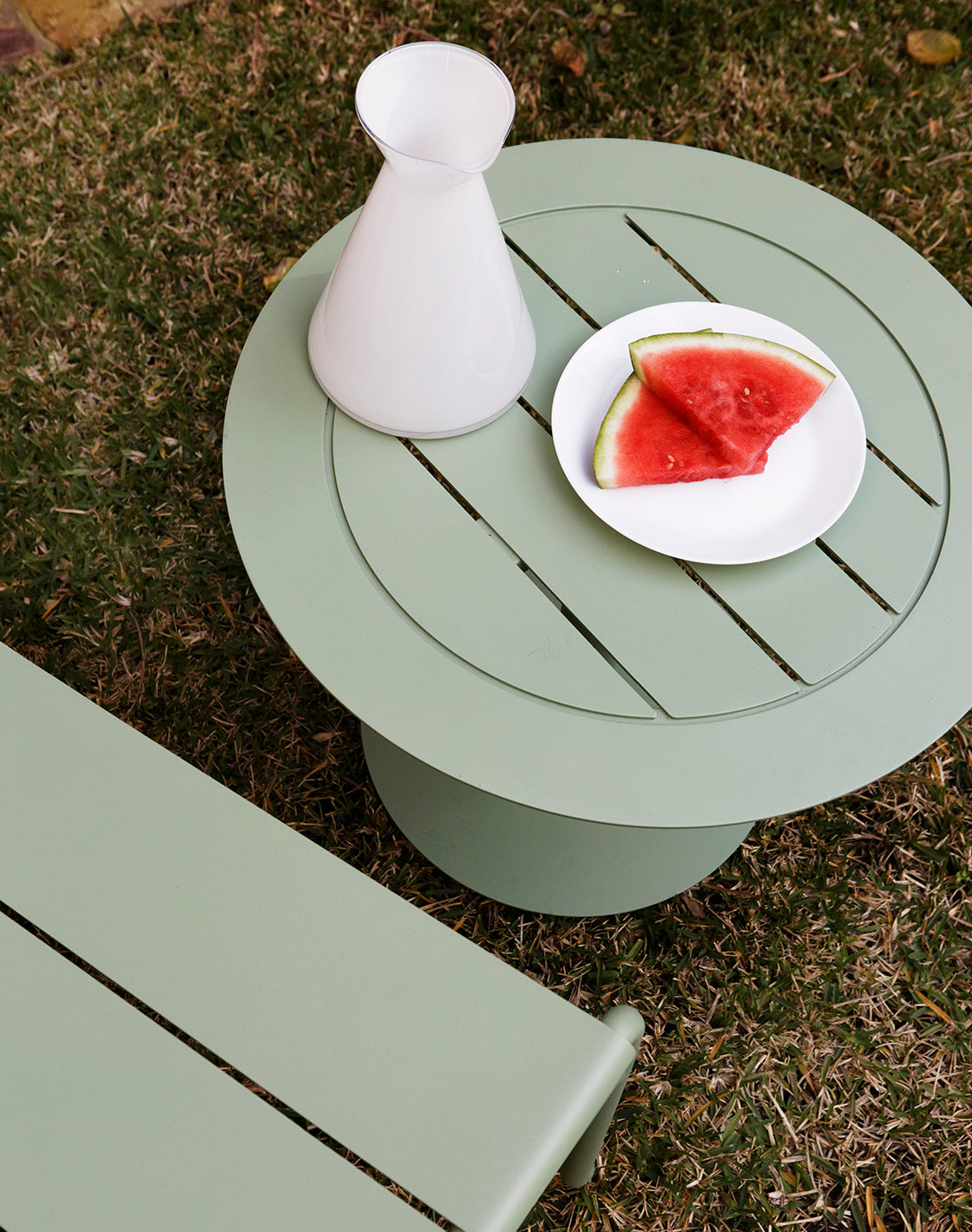 Carmen Outdoor Side Table in eucalypt green finish, perfect for balconies and courtyards.