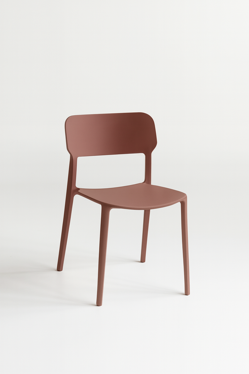 Alex Chair in Russet - lightweight, stackable dining chair with a smooth, curved seat and powder-coated frame, shown in a warm earthy brown tone against a clean neutral background.