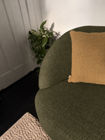 Green armchair with a brown pillow against a white wall