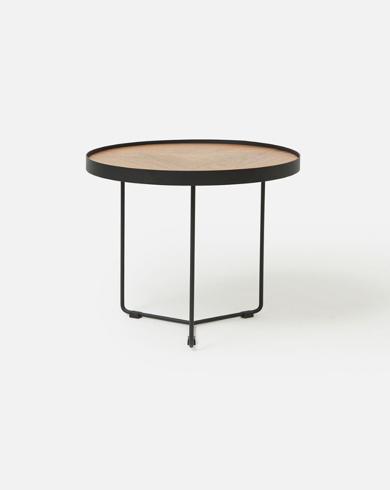 Close-up of the deep-etched timber top on the Sia High Side Table in Walnut, highlighting the rich wood grain and textured finish