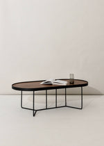 Studio shot of the Sia Oval Coffee Table in Walnut, front view showing deep-etched timber top and slim base
