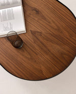 Styled overhead view of Sia Oval Nesting Table in walnut – showcasing rich timber veneer and organic shape in a warm interior setting