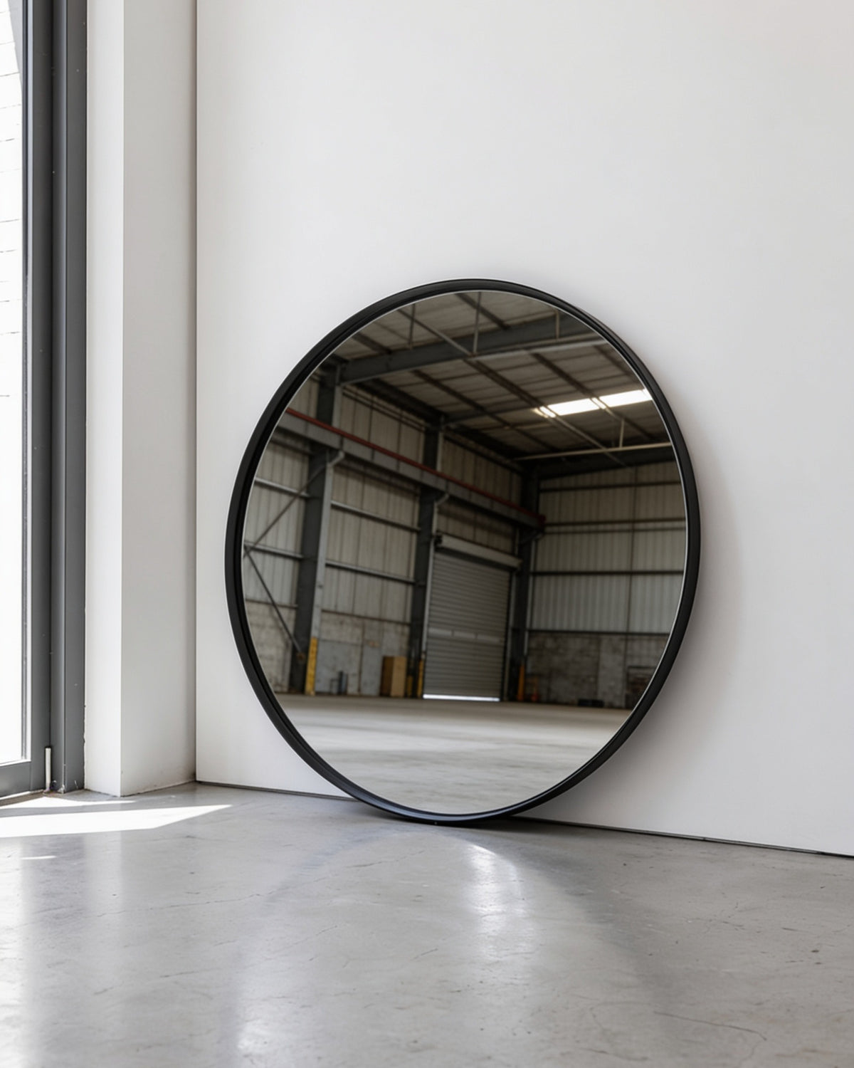 Bobbi Round Mirror in black leaning against a white wall in a warehouse space