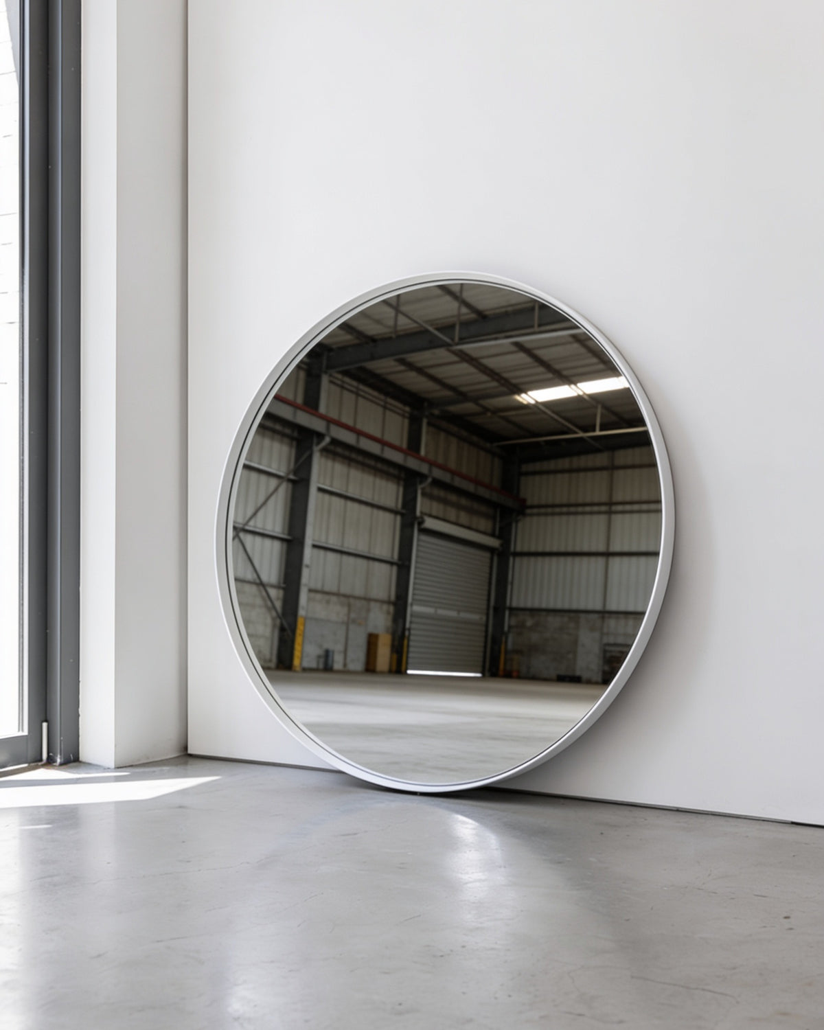 Bobbi Round Mirror in white leaning against a white wall in a warehouse space