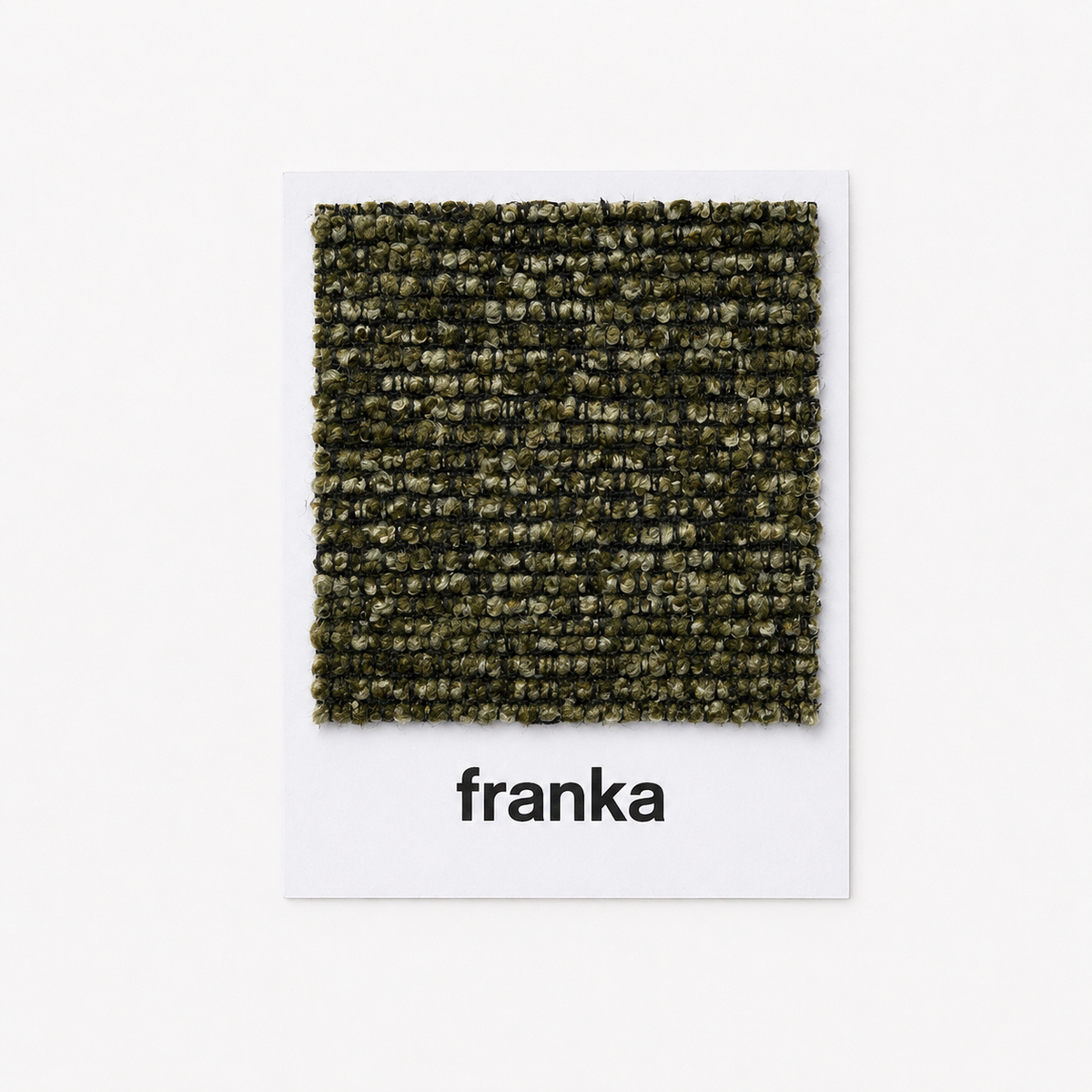 Rockwell fabric in Ivy, a swatch card showing the dark green boucle weave
